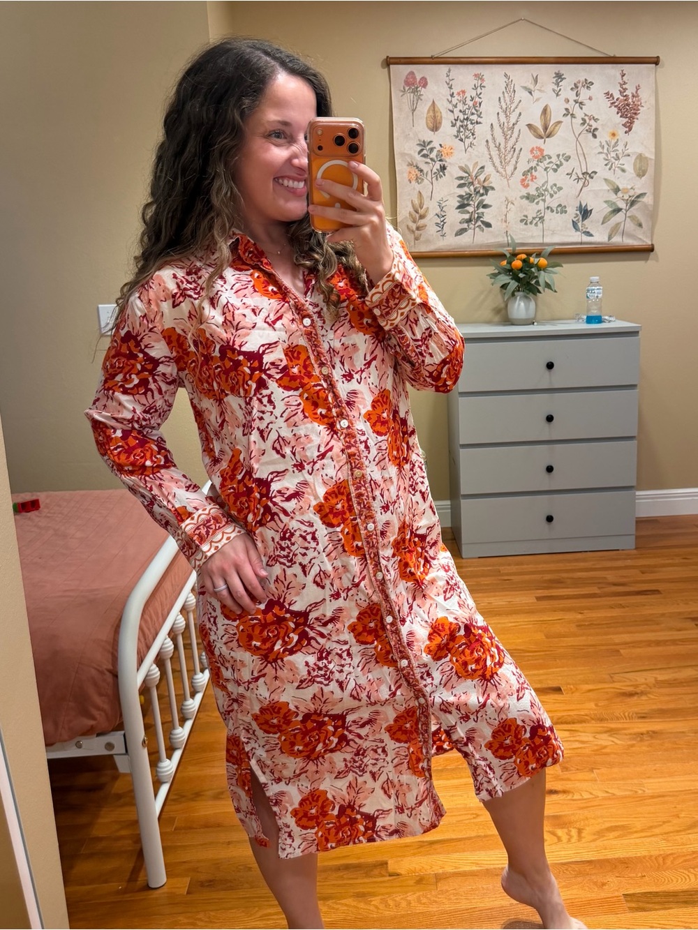 Tuckernuck Jude Connally Floral Button-Front Midi Shirt Dress Cream and Red XL
